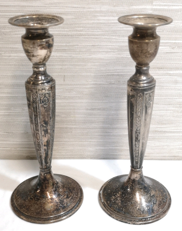 2 Vintage 10"H Silver Plate Candle Stick Holders - Hallmark on Bottom