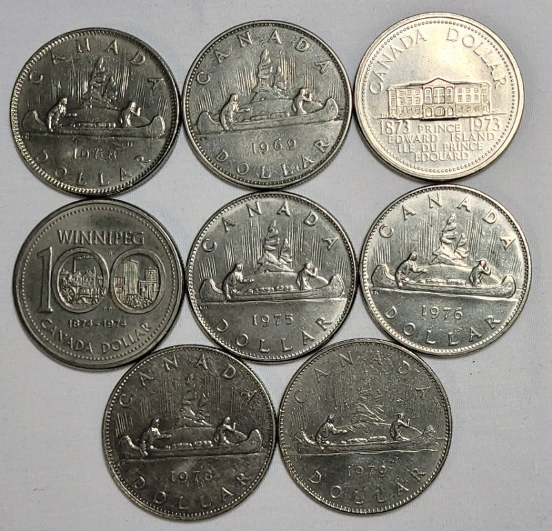 1968 - 1979 Canadian One Dollar Coins , Eight (8) Coins .