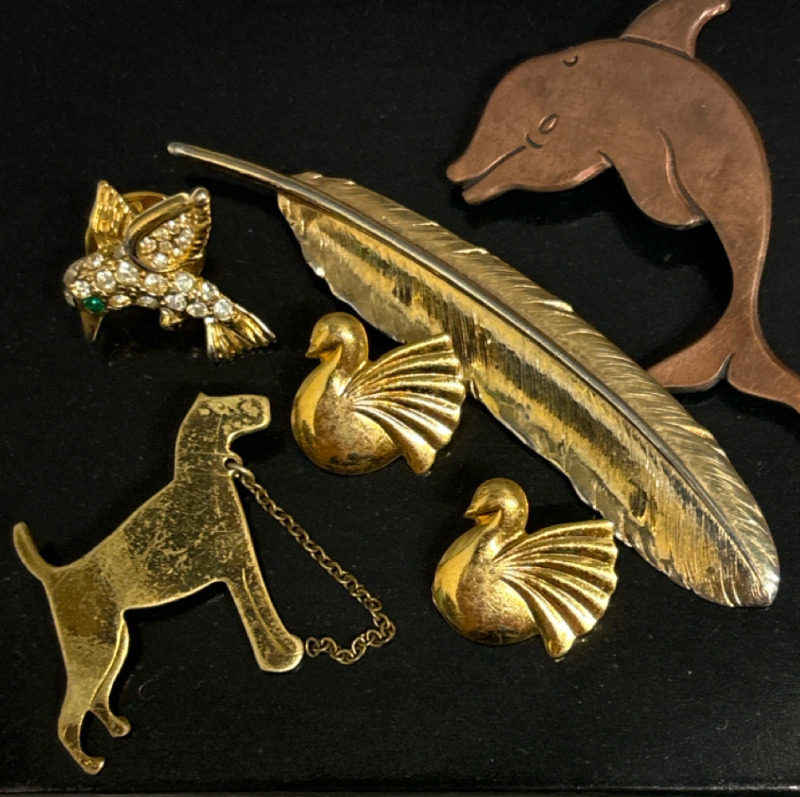 Vintage Figural Brooches Rhinestone Hummingbird Pin Feather plus