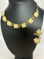 Coro Vintage Yellow Confetti Lucite Cabochon gold tone necklace Earrings Set