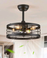 New | Lediary 16.5" Black Caged Ceiling Fan with Light | Bladeless Industrial Ceiling Fan with Remote & 6 Speed Timing | * Retails For $145.99 *