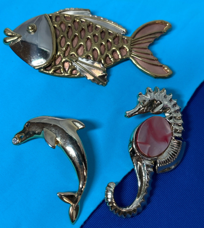 Three Vintage Ocean Creature<br/>Brooches Jelly Belly Seahorse Dolphin Enamel Overlay Fish