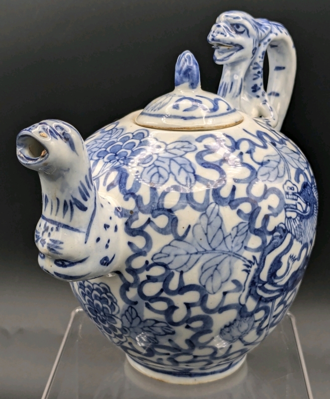 Antique Late Qing Dynasty Chinese Porcelain Tea Pot with Dragons, Baku and Other Creatures | 5.6" Tall