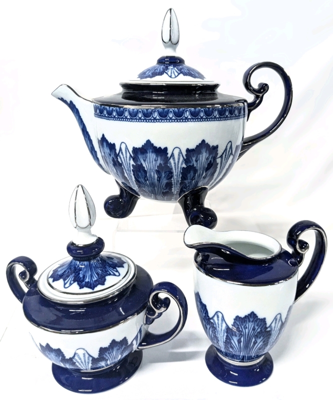 BOMBAY Arabesque Cobalt Blue w Platinum Trim Large Footed Teapot with Creamer & Lidded Sugar Dish | Teapot 9" Tall