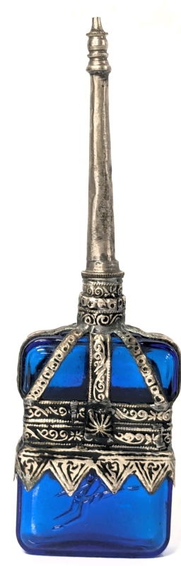 Rare Vintage Campomar Spain Cobalt Blue Glass Bottle / Barber Bottle with Decorated Metal Frame | Measures 9.5" Tall