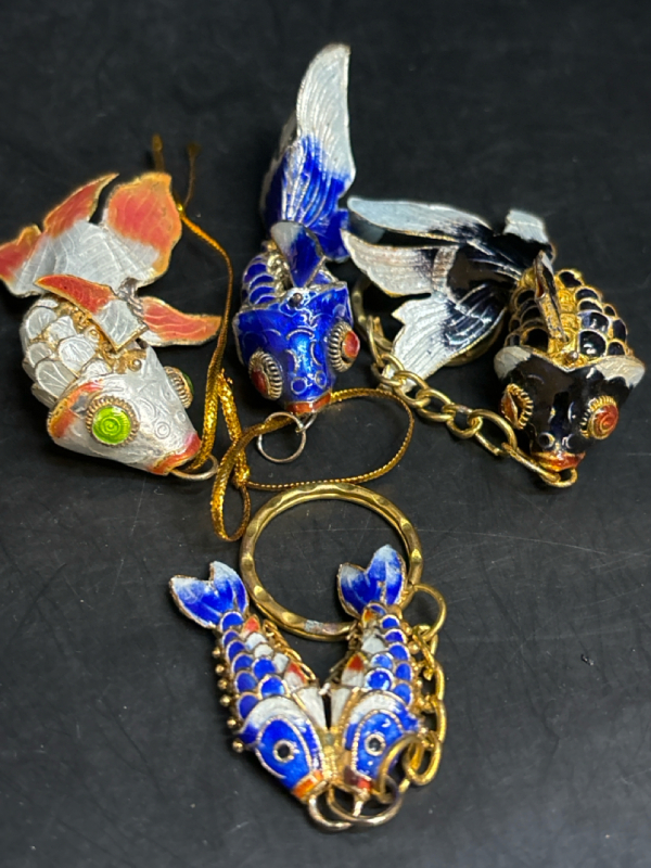 2 Articulated Cloisonné Fish Pendants and 2 Key Chains