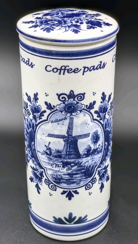 Vintage Handpainted Delft Blue Holland Lidded Coffee Pads Container | 7.5" Tall