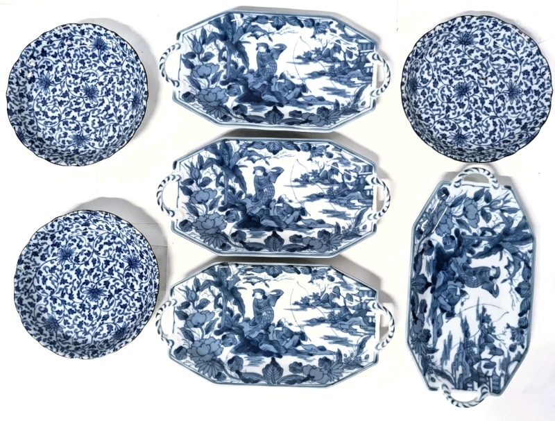 Vintage Japanese and Chinese Porcelain | 4 Trays (10.5" x 5.5") & 3 Low Bowls (6.7" D x 1" Tall)