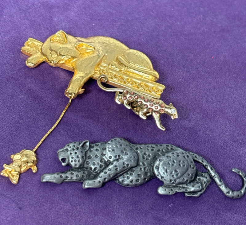 Vintage Cat Brooches and Rhinestone Eyed Cat Pin