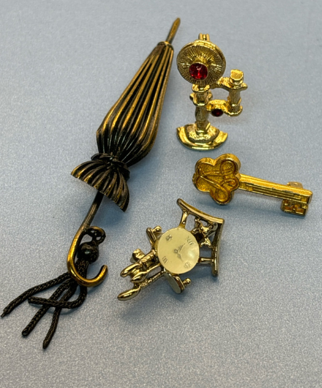 Vintage Candlestick Telephone Cuckoo Clock MOP Wrst Germany Umbrella Skeleton Key Brooches