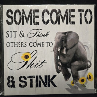 New | Wooden Canvas Bathroom Wall Sign " Some Come To Sit & Think, Others Come To S*it & Stink"