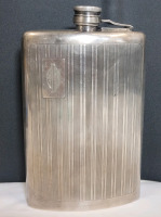 Vintage Meriden Britannia International Silver Plated Hip Flask 1319 . Measures 7" tall . Engraved Monogrammed Top Left Corner