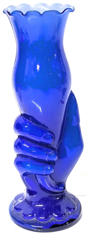 Gorgeous Vintage Cobalt Blue Glass Hand Holding Flower Vase with Milky White Interior | 9" Tall