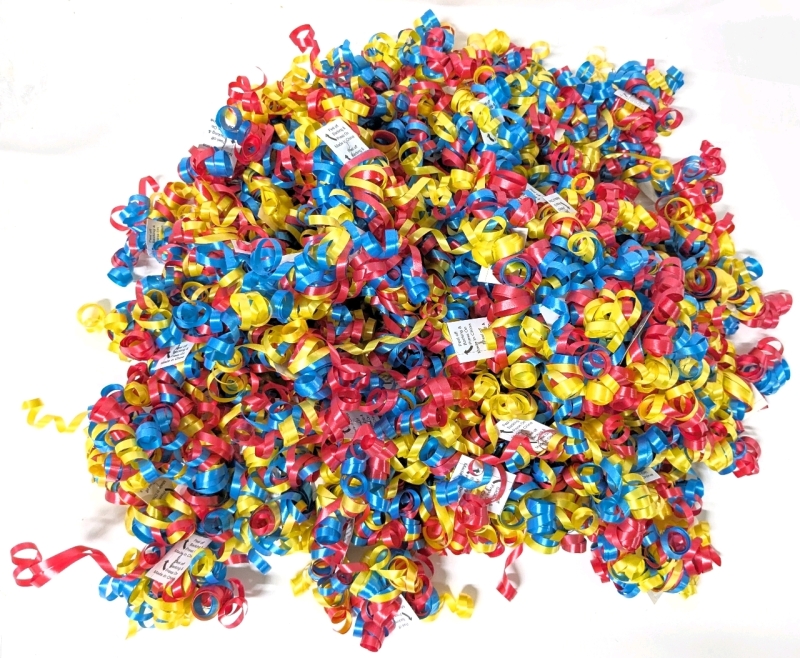 75 - 100 New Tri-Colour (Yellow, Red & Caribbean Blue) Curly Bows with Adhesive Back | 3/16" x 17" Long Strands