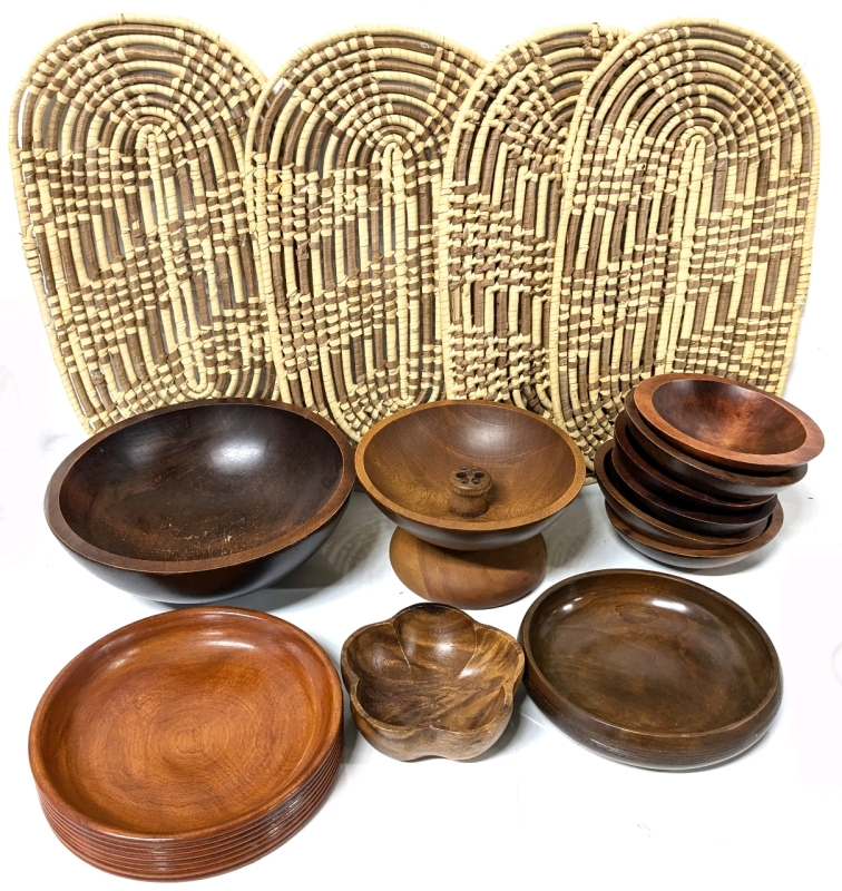 Vintage Solid Wood Wonders | Signed Baribocraft Canada Bowls & Nut Bowl, Assorted Bowls + 4 Large 18.25" x 11.25" Oblong Sweetgrass-Style Placemats