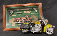 Fun Motorcycle Lot . Vintage Motorcycle Themed Shadow Box 8.5” tall w Lights & Sound Turbo Chopper Toy Motorcycle (Working)