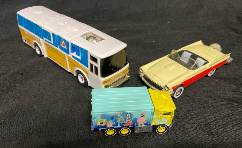 Vintage to Modern Vehicles: SpongeBob Transforming Bus Toy + Corgi Metal Ford Thunderbird. Bus 2.5” tall