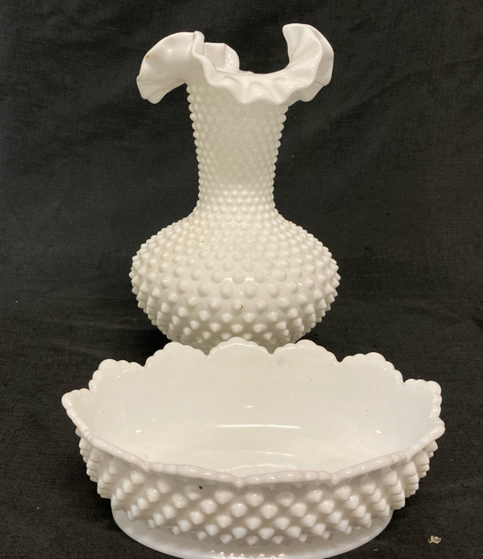 Vintage Hobnail Milk Glass: Tall Ruffled Vase & Scalloped Dish . Vase 11” tall, Dish 8” long x 6” w x 2.5” tall