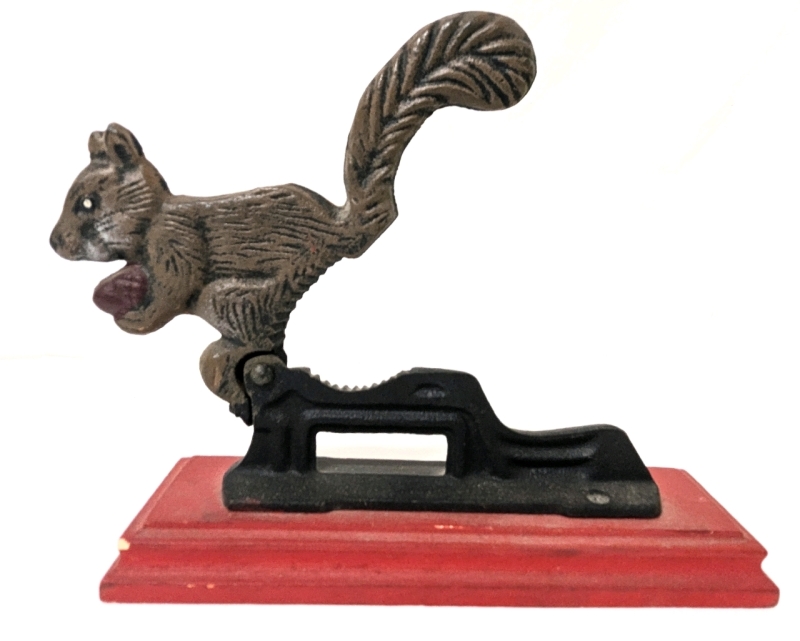 Vintage Cast Iron Squirrel Nutcracker on Wood Base | 7.5" x 2.5" x 5.75"