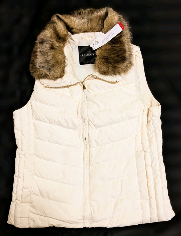 New Ladies Size Large | TALBOTS Genuine Down Puffer Vest with Removable Faux Fur Trim & Gold Tone Hardware