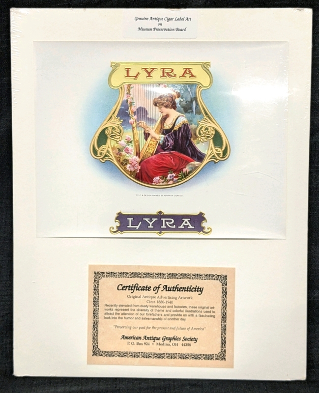 Vintage (1880-1940) Lyra Cigar Label Advertising Artwork on Museum Preservation Board with COA from the American Antique Graphics Society