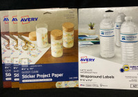 3 Pk Avery 8.5”x 11” Glossy Clear Sticker Project Paper + Avery Matte White Waterproof Film Wraparound Labels 9.75” x 1.25”