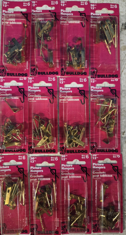 12 New Packs Of | Bulldog Brass Plated Picture Hangers ( 6 Hangers Per Pack ) * Supports Up To 30LB Frames *