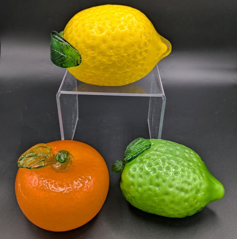 3 Vintage Murano-Style Art Glass Fruit | Orange, Lemon & Lime | Approx 5" Long