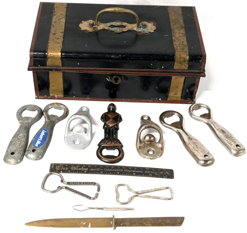 Vintage Metal Lock Box (Sans Key) with The Globe Toronto Ruler, Brass Letter Opener, Collar Buttoner & 9 Bottle Openers (Coca-Cola, Brading's Cincinnati Liquor, Labatt's, O'Keefe + More)