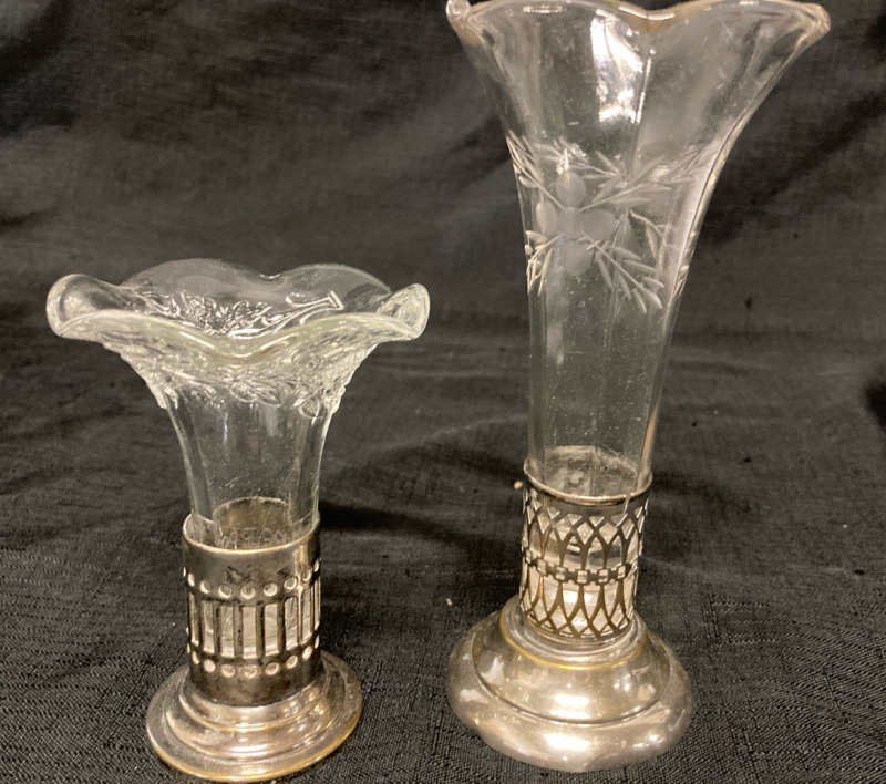 2 vintage Silver Plated Crystal Vases 4.5”-6.5” tall