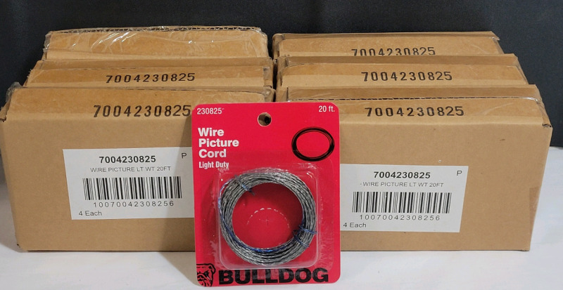 New - Bulldog Light Duty Wire Picture Cord , 20ft , 15lb Max . Six (6) Boxes , Four (4) Per Box : 24 Total