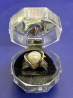 925 Sterling Large Mabe Cupped Pearl Wide Band Ring Size 8.5