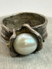 925 Sterling Large Mabe Cupped Pearl Wide Band Ring Size 8.5 - 2