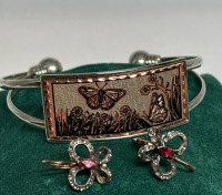 925 Sterling Butterly Earrings and Butterfly Diamond Cut Open bracelet