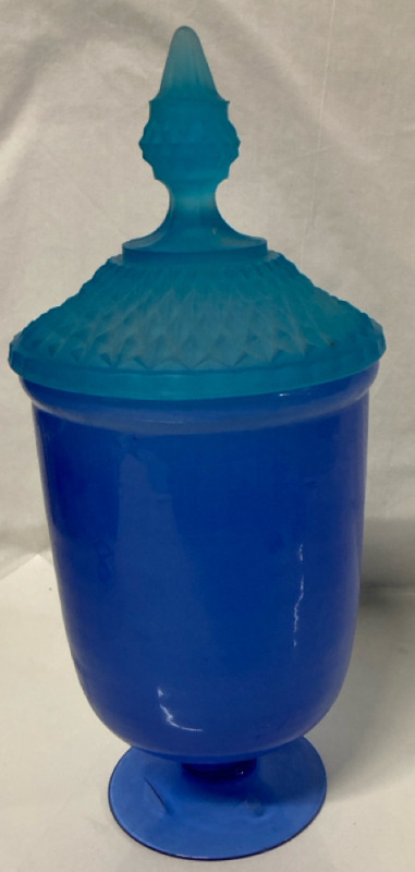 Large Vintage Blue Glass Urn 5.5”w x 13.5”tall