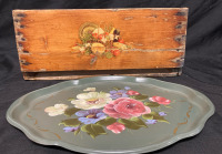 Vintage Metal Tray w Large Wooden Crate. Crate 20&rdquo; L x 12&rdquo; w x 8.5&rdquo; tall