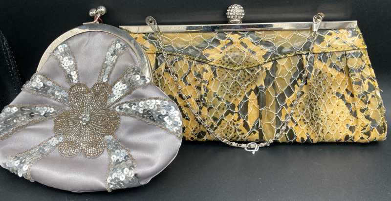 2 Vintage Clutch Purses Snakeskin w Rhinestone Clasp & Bijou Turner Silver Beaded Largest 12” L x no 6”w