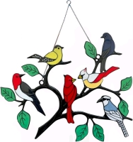 New 6 Multicolor Birds On-A-Wire, Double Sided Painted Metal Hanging Decoration with Chain 9" X 8"