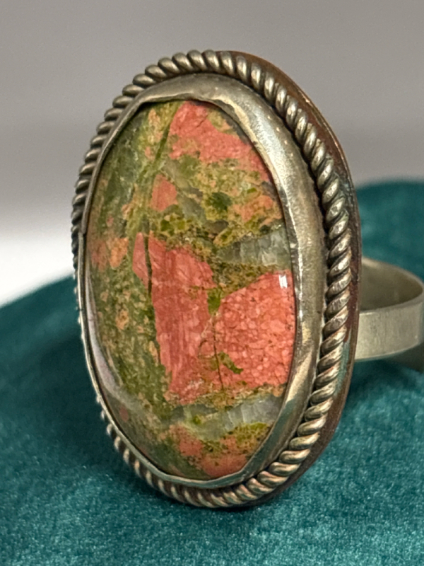 Statement Unakite Stone Ring Mixed Metal Size 23 Adjustable