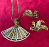 Damascene Fan Pendant with Chain and Earrings