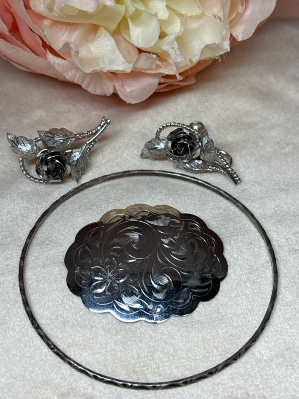 Sterling Silver Brooch Earrings and Bangle Signed