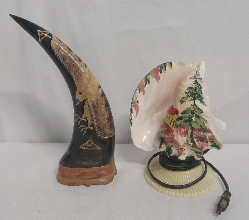 Vintage Conch Shell Light 7 1x4" Tall, Horn Carved A Eagle On Wooden Base 10" Tall