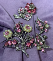 CORO Vintage Brooch Pink Rhinestone Flowering Tree Matching Earrings & Pink Lavender Bouquet Brooch