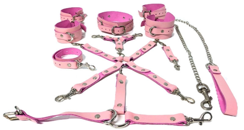 [Adults Only] New Pink Faux Leather Bondage Neck, Wrist + Foot Restraints & Leash Set | One Size Fits Most