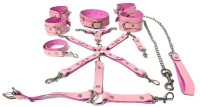 [Adults Only] New Pink Faux Leather Bondage Neck, Wrist + Foot Restraints & Leash Set | One Size Fits Most