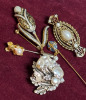 Damascene Budding Brooch Stick pins Victorian style Bar Brooch Art Nouveau