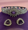 Hinged Pave Cluster Brilliant Rhinestone Bracelet Amethyst Cab Patented Purple Heart Earrings