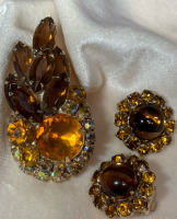 Stunning Double Layered Topaz Light Smoked Topaz Rhinestone Brooch and Earrings