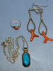 Stamped 925 Mexico Blue Turquoise Pendant 925 Chain 925 Coral Toe Ring 925 Drop Earrings