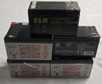 5 Pcs New | Assorted Batteries | 3 Genesis NP12-12TFR 12V, 12AH Batteries | 1 D9S(T1) 12V 9Ah Battery | & 1 ELK-1280 12V 8Ah Battery